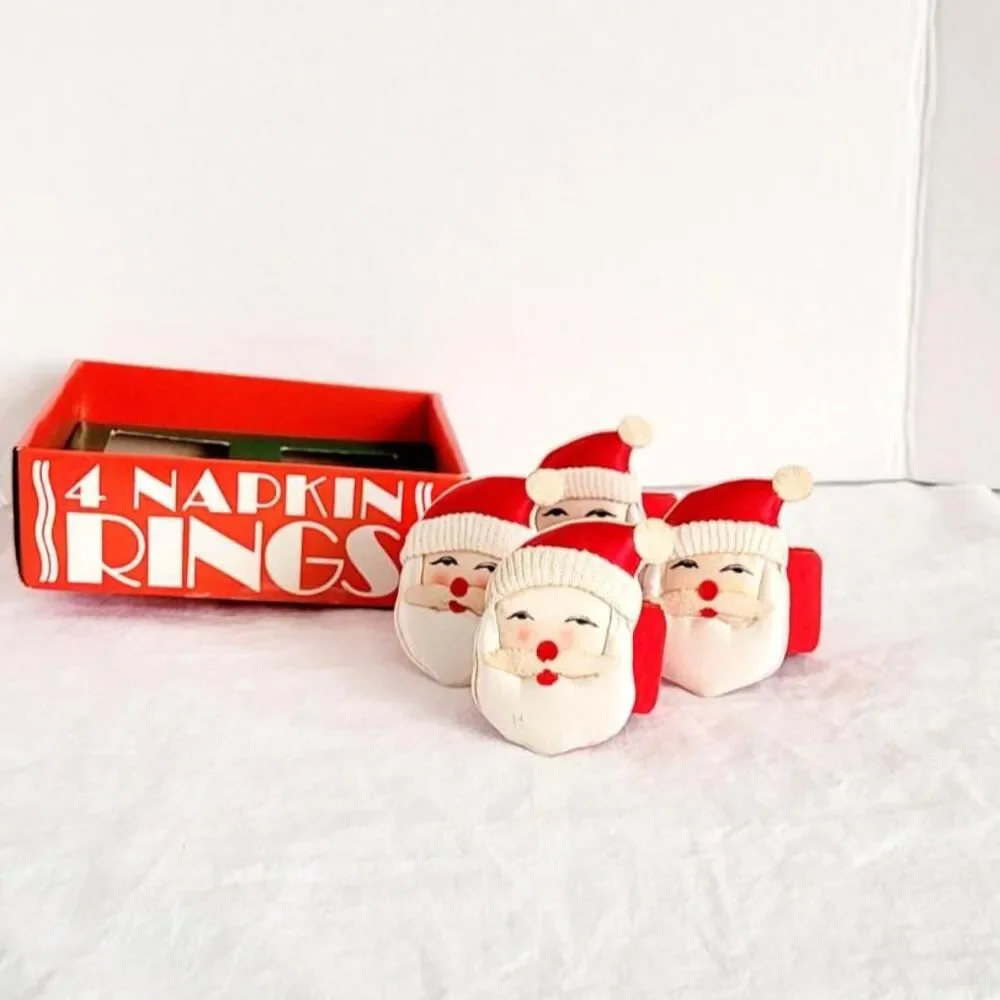 Vintage Santa Claus Fabric Napkin Ring Holders Set of 4 in Original Box